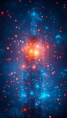 Fototapeta premium A glowing wireframe rendering of a futuristic 5G tower on a translucent background, highlighted with vibrant blue and black data points. A conceptual image representing advanced digital connectivity. 