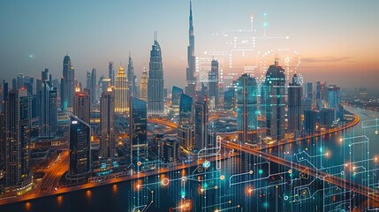 Futuristic cityscape panorama with digital network overlay.