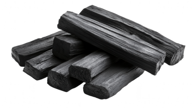 Charcoal Sticks, texture study, art supplies, drawing shading tools, natural wood form, creative medium exploration Isolated on white background or PNG