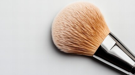 Close-up of a soft makeup brush with fluffy bristles on a light background.