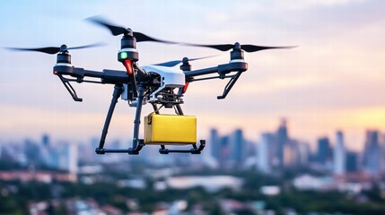Drone Delivery Over City at Sunset