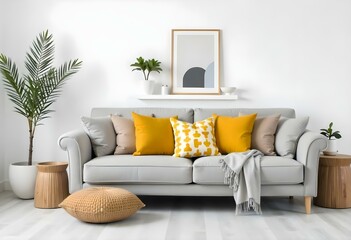 Fototapeta premium A modern living room with a gray sofa, yellow and white throw pillows, a wooden coffee table, and framed artwork on the wall