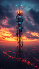 A glowing wireframe rendering of a futuristic 5G tower on a translucent background, highlighted with vibrant blue and black data points. A conceptual image representing advanced digital connectivity.
