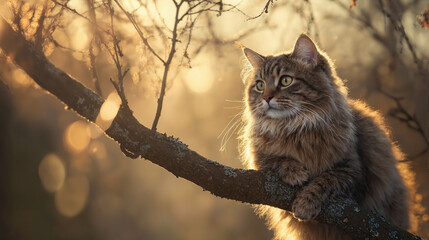 Obraz premium Norwegian Forest cat on tree branch in golden sunlight, digital art