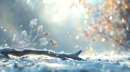 A fallen branch with ice-covered leaves resting on a snowy ground, with sparkling textures catching subtle light