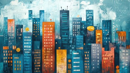 Obraz premium Tall buildings and coins are the same height, water color vivid 