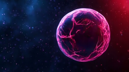 Fototapeta premium The image contains a glowing pink and purple sphere that appears to be made of energy or data, set against a dark background with scattered bokeh lights.A vibrant, ethereal sphere of pink and purple