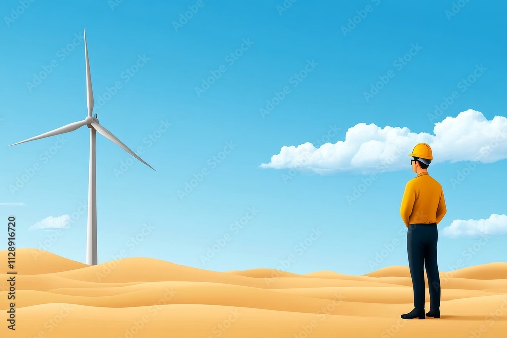 Poster A flat vector of a wind turbine with a silhouette of an engineer inspecting it, drawn with clean lines and soft gradients