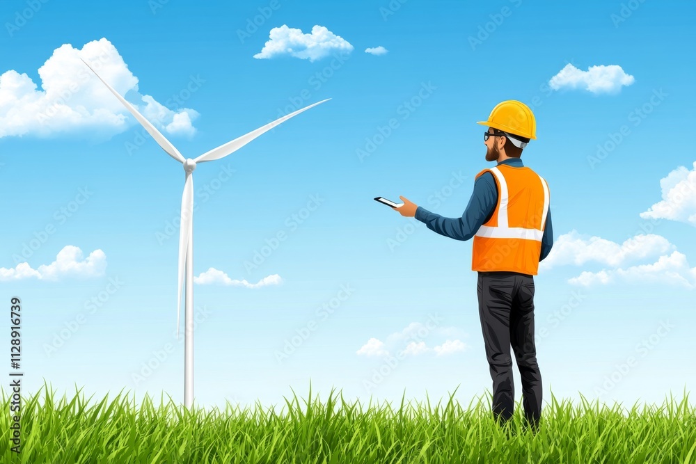 Poster A flat vector of a wind turbine with a silhouette of an engineer inspecting it, drawn with clean lines and soft gradients