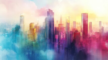 Tall buildings and coins are the same height, water color vivid 
