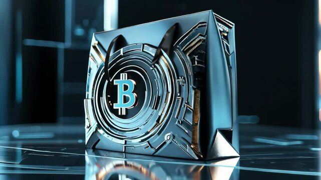 Futuristic shopping bag featuring a bitcoin logo rotates, embodying the concepts of cryptocurrency and online shopping in a visually striking manner
