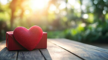 Red Heart on Gift Box with Sunlight in Outdoor Setting