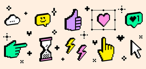 3D vintage social media icon emoji. Pixel art. Y2k modern online communication collage sticker set. Smile face, like, speech bubble message. 3D bright geometric objects isolated on white background