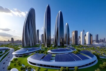 Fototapeta premium A futuristic cityscape powered by renewable energy, with solar panels on rooftops and electric vehicles on the roads