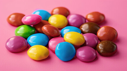 Colorful sugar-free candies or sweets on a pink background.