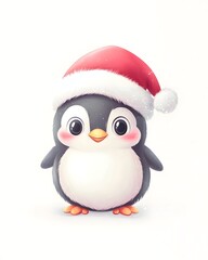 Fototapeta premium Cute cartoon little christmas penguin with red santa hat