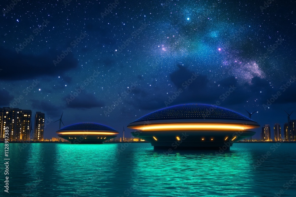 Poster a futuristic floating energy station powered by solar, wind, and tidal generators, glowing softly ab