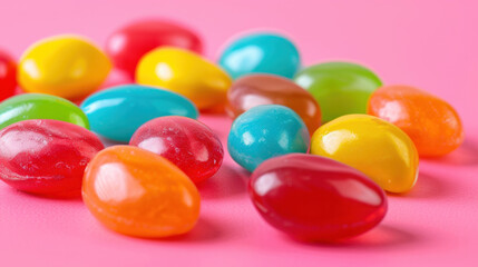 Colorful sugar-free candies or sweets on a pink background.