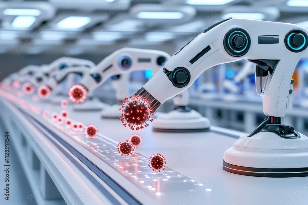 Poster A futuristic lab with glowing holograms showing virus structures, while robotic arms analyze samples in the background