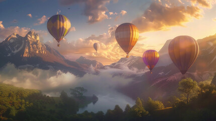 Hot air balloons float in the sky with charm and beautiful scenery.