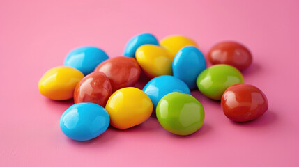 Colorful sugar-free candies or sweets on a pink background.