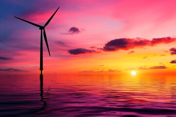 A futuristic offshore wind turbine with unique blade designs placed against a colorful sunrise
