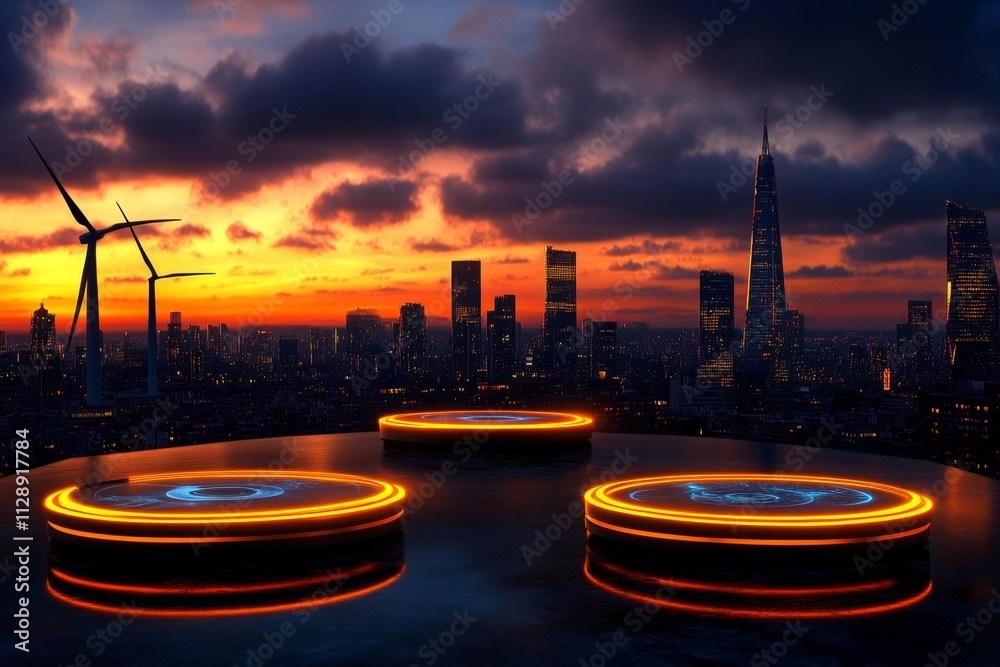 Poster a futuristic wind farm floating above the ground on anti-gravity platforms, surrounded by glowing ho
