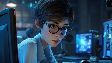 short-haired office lady wearing glasses in the digital age works smartly at a computer.