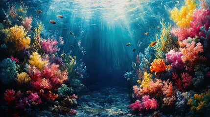 Naklejka premium Vibrant Coral Reef Underwater Scene With Colorful Fish