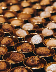 Catering table, beautifully decorated banquet with variety different food snacks appetizers on christmas corporate birthday party event or wedding celebration, canape, salad, delicatessen setting