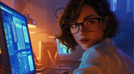 short-haired office lady wearing glasses in the digital age works smartly at a computer.