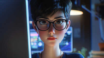 short-haired office lady wearing glasses in the digital age works smartly at a computer.