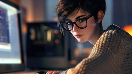 short-haired office lady wearing glasses in the digital age works smartly at a computer.