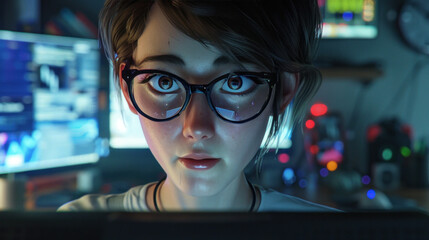 short-haired office lady wearing glasses in the digital age works smartly at a computer.