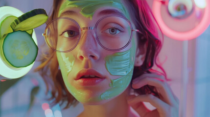 Young woman is applying cucumber face mask for smooth and healthy skin. Take care of yourself and look young