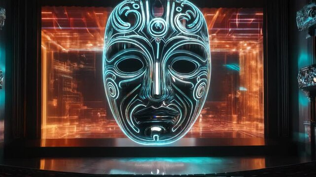 Large, futuristic neon mask is slowly materializing on a theater stage's screen. The intricate design and vibrant colors create a captivating visual