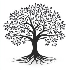 Obraz premium Black silhouette of a large tree with visible roots and leaves.