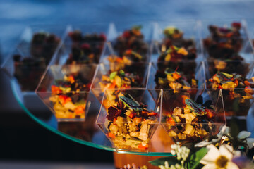 Catering table, beautifully decorated banquet with variety different food snacks appetizers on christmas corporate birthday party event or wedding celebration, canape, salad, delicatessen setting