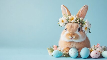 Cute Bunny with Flower Crown and Easter Eggs on Blue Background