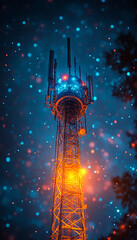 Glowing wireframe rendering of a 5G tower on a translucent background, highlighted by a combination of blue and black data points


