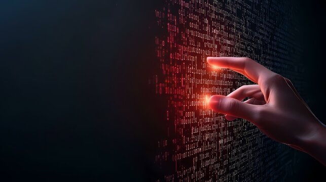 A hand gently interacts with a wall of glowing red binary code, the digits appearing to respond to its touch.