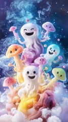 Naklejka premium Magical Rainbow Ghosts and Mushrooms in a Dreamlike World