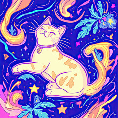Joyful Cat Amidst a Mystical Colorful Whirlwind