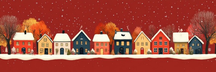 Holiday-Themed Village banner, Colorful Houses with White Trim, Autumn Foliage, Festive Sky with Snowflakes