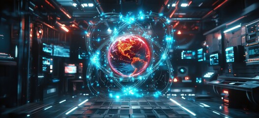Obraz premium Futuristic digital artwork of earth with atomic structure in technology setting