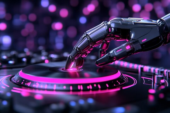 A robotic hand pressing the eject button on a futuristic music device, releasing a glowing disc