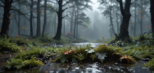 Obraz premium Heavy raindrops falling from the dark grey cloud canopy onto a wet forest floor, forest floor, natural scenery