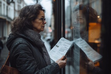A middle-aged woman with a scarf and handbag, thoughtfully reading property listings on an agency window under cloudy skies in an urban setting 1