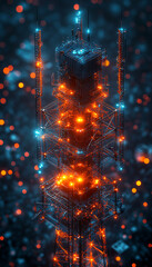 A glowing wireframe rendering of a futuristic 5G tower on a translucent background, highlighted with vibrant blue and black data points. A conceptual image representing advanced digital connectivity.
