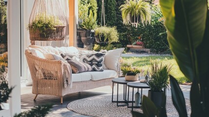 Obraz premium Cozy yet modern garden patio with soft cushions, hanging plants, a minimalist table, and clear windows for an airy feel